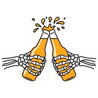 Skeleton Hands Clinking Beer Bottles with Splashing Foam vector