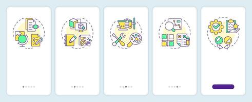 Reverse engineering process onboarding mobile app screen. Walkthrough 5 steps editable graphic instructions with linear concepts. UI, UX, GUI template vector