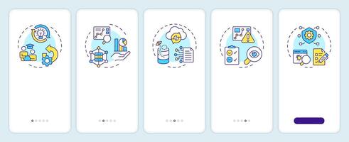 Re-engineering applications onboarding mobile app screen. Walkthrough 5 steps editable graphic instructions with linear concepts. UI, UX, GUI template vector