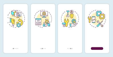 Types of reverse engineering onboarding mobile app screen. Walkthrough 4 steps editable graphic instructions with linear concepts. UI, UX, GUI template vector