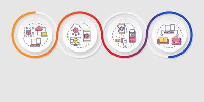 Business mdm management models infographics circles sequence. Mobile device control. Visualization layout with 4 steps. Info chart loop process presentation vector