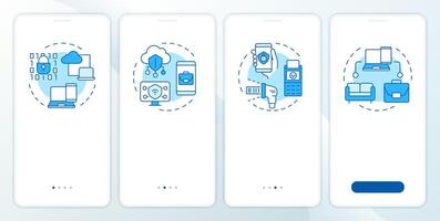 Device management models blue onboarding mobile app screen. Walkthrough 4 steps editable graphic instructions with linear concepts. UI, UX, GUI template vector