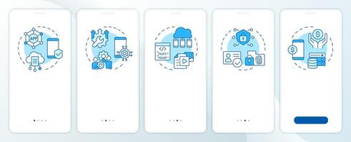 Mobile management platforms blue onboarding mobile app screen. Walkthrough 5 steps editable graphic instructions with linear concepts. UI, UX, GUI template vector