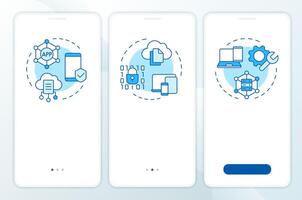 Device management blue onboarding mobile app screen. Walkthrough 3 steps editable graphic instructions with linear concepts. UI, UX, GUI template vector