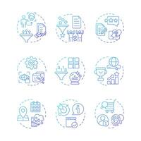 Recommender system blue gradient concept icons. Artificial intelligence, deep learning. Personalized content. Icon pack. Round shape illustrations for article, blog post. Abstract idea vector