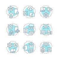 Mobile device management soft blue concept icons. Data control, security. Privacy protection, corporate. Icon pack. Round shape illustrations for infographic. Abstract idea vector