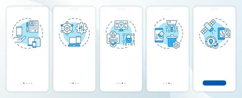 Device management features blue onboarding mobile app screen. Walkthrough 5 steps editable graphic instructions with linear concepts. UI, UX, GUI template vector