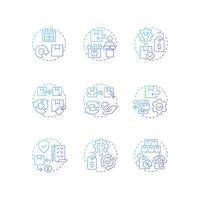 Reverse logistics blue gradient concept icons. Reselling. Product repair. Return management. Circular economy. Quality control. Icon pack. Round shape illustrations. Abstract idea vector
