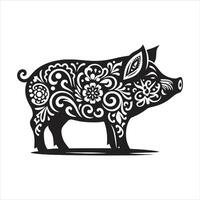 Black White Pig For Year Of The Pig Silhouette Style With White Background vector