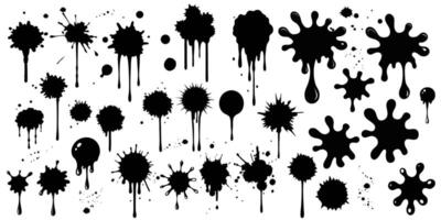 set of black grunge spots, blots, and splashes of paint on a white background, vector