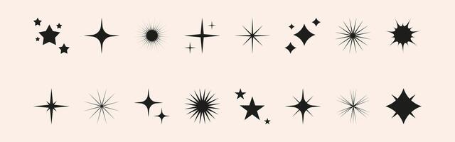 Set of shining star, sparkle, sun shapes. Abstract glow, explosion and blink effects for celebrate party design. Twinkle glitter and flash graphic elements. Isolated illustrations. vector