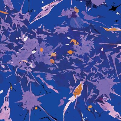 A painting of purple and blue splatters