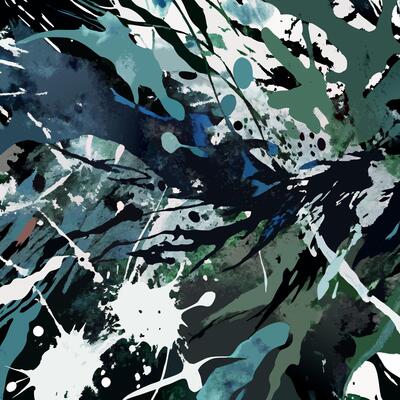 Abstract painting of blue, green and black paint splatters
