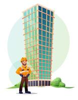 Concept of construction of multi-storey buildings. Illustration for construction company. Completed office building and male builder. Illustrations in cartoon style on white background. vector