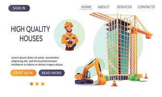 Start page for a construction company that builds houses. Concept of building a multi-story building. A male builder in a helmet shows a thumb up. Website template. vector