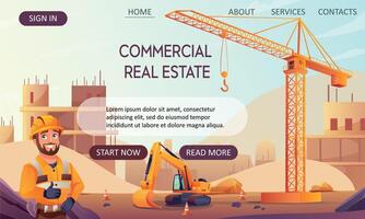 Start page for a construction company that builds houses. Construction crane and excavator on a construction site. Builder man in a helmet showing thumb up. Website template. vector