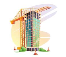 Concept of construction of multi-storey buildings. Illustration for construction company. Unfinished building near construction crane. illustrations in cartoon style on white background. vector