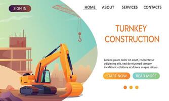 Start page for a construction company that builds houses. Excavator on a construction site. illustrations in cartoon style. Website template. vector