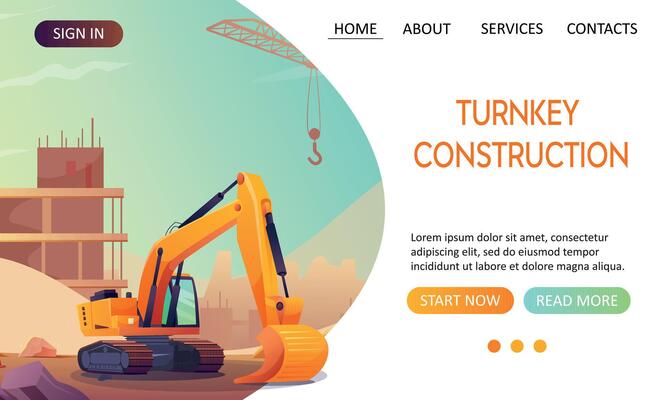 Start page for a construction company that builds houses. Excavator on a construction site. illustrations in cartoon style. Website template.
