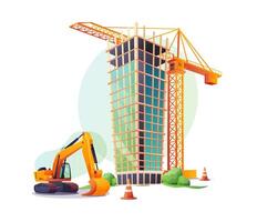 Concept of construction of multi-storey buildings. Illustration for a construction company. An unfinished building is next to a construction crane and an excavator. vector