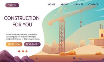 Start page for a construction company that builds houses. Construction crane on a construction site. illustrations in cartoon style. Website template. vector