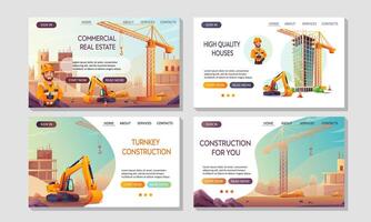 Set of Start pages for a construction company that builds houses. Construction equipment on a construction site. illustrations in cartoon style. Website template. vector