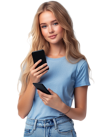 A woman holding a smartphone and looking at it png