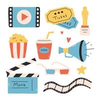 Set of cinema elements. illustration. Flat style. Collection of objects for cinema. vector