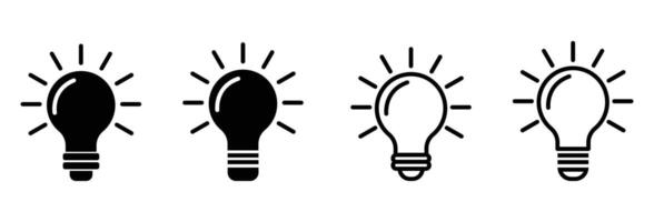 light Bulb icon collection. Set of idea sign icon. Light bulb with rays shine icon set. Electric lamp, light, innovation, solution, creative thinking, electricity symbol illustration. vector