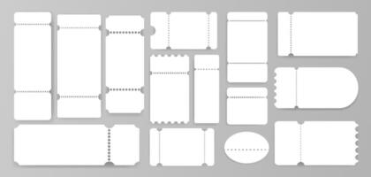 Ticket stubs with perforation holes different shapes templates set.Realistic Ticket admit mockups. Discount voucher mockups.Empty ticket for festival admit layouts, concert, performance, event. vector