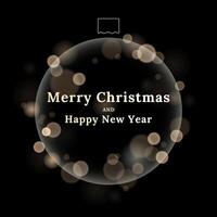 Christmas and Happy New Year luxury background. Abstract Hanging Christmas tree decoration transparent ball with bokeh blur on black. Trendy Xmas design for Holiday greeting card, invitations. vector