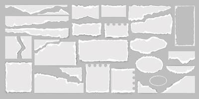 Realistic Torn paper pieces of different shapes set. White torn or ripped paper strip with grunge edges.Memo sheets or notebook shred. Notebook page or scrap note with sloppy edges. illustration vector