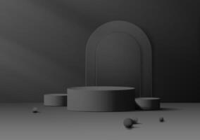 Luxury Dark Podium stand set with arch in black colors.Minimal scene with platform, arch and spheres. Empty podium background. Product presentation design,mock up,cosmetic product. Realistic 3d vector
