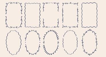 Rectangle and oval wavy scallop frame in doodle trendy vintage style. Border with elegant outline loop for greeting cards. Rectangular shapes with curvy and jagged borders. vector