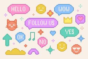 Set of pixel 8 bit elements. Pixelated pastel color speech bubbles with text. Emoticon with face and cat, stars shape on white background vector
