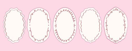 Oval whimsical wavy scallop frame with bow tie in doodle trendy style. Border with elegant outline loop for greeting cards. Pink color vector