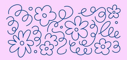 Set of doodle playful scribble and outline flower. Abstract children background with curve line. Trendy design with basic shapes. vector