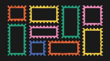 Set of grunge colorful postage stamps. Textured post stamp frame and border with copy space. vector