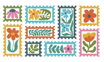 Set of post card stamp sticker set with groovy abstract bloom flower in trendy naive retro hippie 60s 70s style. Floral Nature-inspired Mail Mark vector