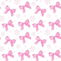 Coquette Christmas pink ribbon bow seamless Pattern watercolor isolated on background. vector