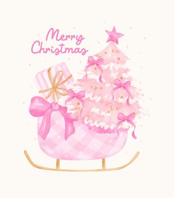 Pink Coquette Christmas tree in Sled Pastel watercolor hand painting