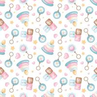 Seamless pattern with baby pyramid, rattle, cubes, hearts and stars. Ideal for baby clothes, textiles, packaging, web backgrounds, fabrics, wrapping paper, decoration. In pastel colors vector
