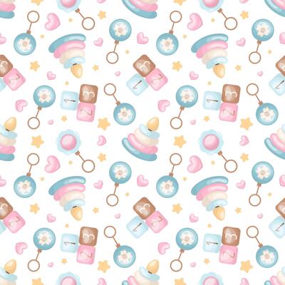 Seamless pattern with baby pyramid, rattle, cubes, hearts and stars. Ideal for baby clothes, textiles, packaging, web backgrounds, fabrics, wrapping paper, decoration. In pastel colors