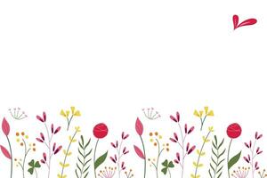 Horizontal white banner. Flat-style summer botanical illustration isolated on a white background. Background with beautiful colorful flowers and leaves. vector