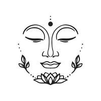 Buddha's face with an opened lotus flower outline illustration. vector