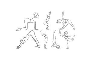 Set of women Yoga Pose meditation relaxing line art illustration. vector