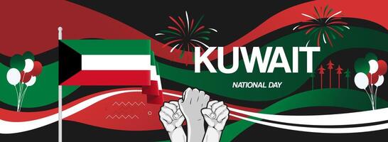 Modern background for Kuwait national day with country flag, raised hands and balloons in the colors of the country flag. Illustration to celebrate Kuwait independence day vector