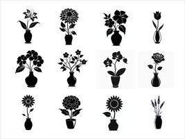 Collection of flowers in vase silhouette sketch isolated. vector