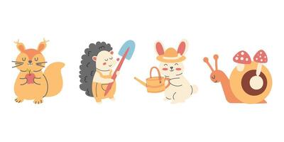 Character garden squirrel, hedgehog, rabbit, snail hand drawn vector