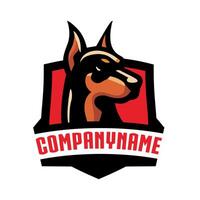 The head of a Doberman dog, in front of a red and black shield. Can be used for business logos. vector